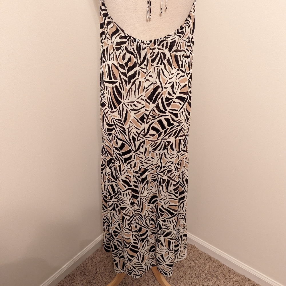 LOFT Beach Leafed Halter Ruffle Backless Maxi Dress Medium White Tan Brown - Picture 9 of 11